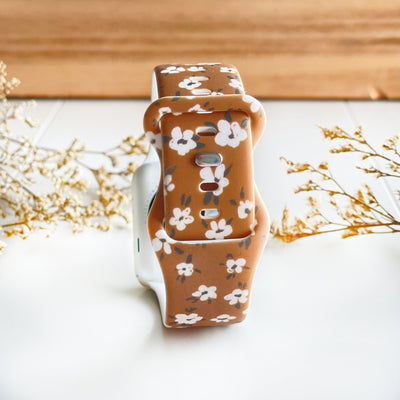 Brown Floral Watch Band - White Flowers - Tweedle Dee Designs